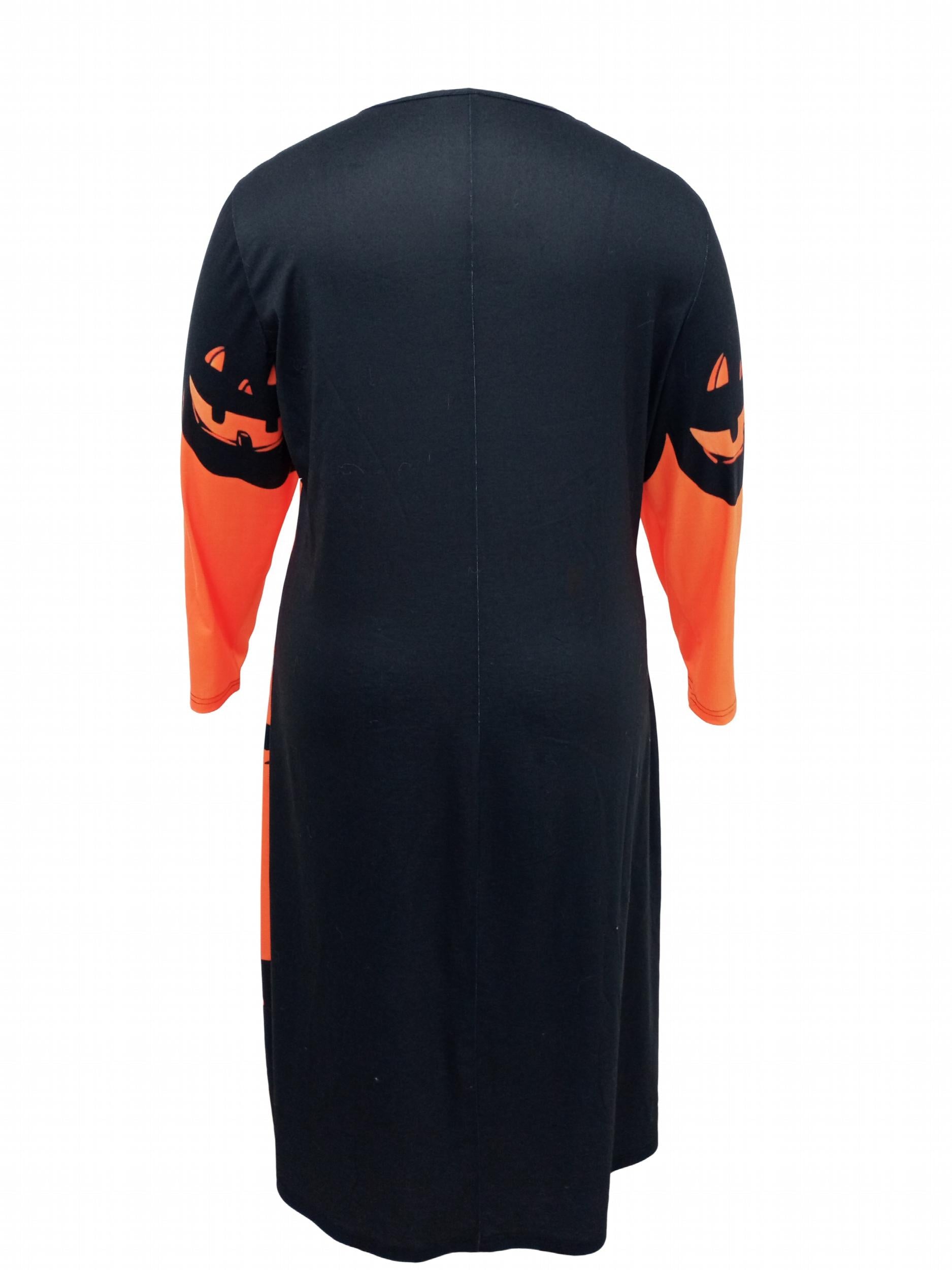 Women's Plus Horror Pumpkin Bat Castle Print Long Sleeve Dress