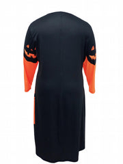 Women's Plus Horror Pumpkin Bat Castle Print Long Sleeve Dress