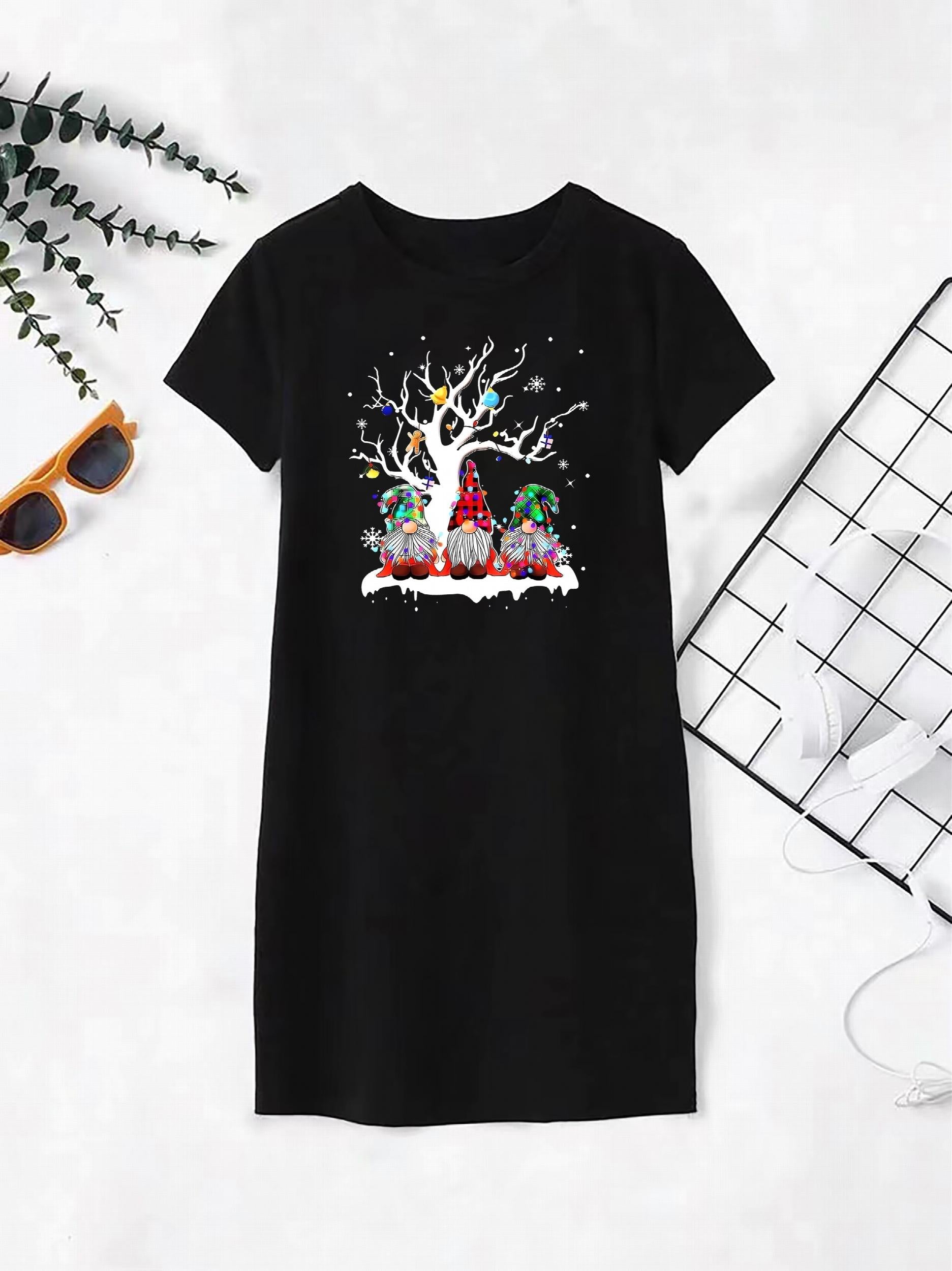 Christmas Casual Dress Women's Plus Cartoon Print Short Sleeve Dress