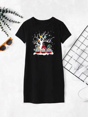 Christmas Casual Dress Women's Plus Cartoon Print Short Sleeve Dress