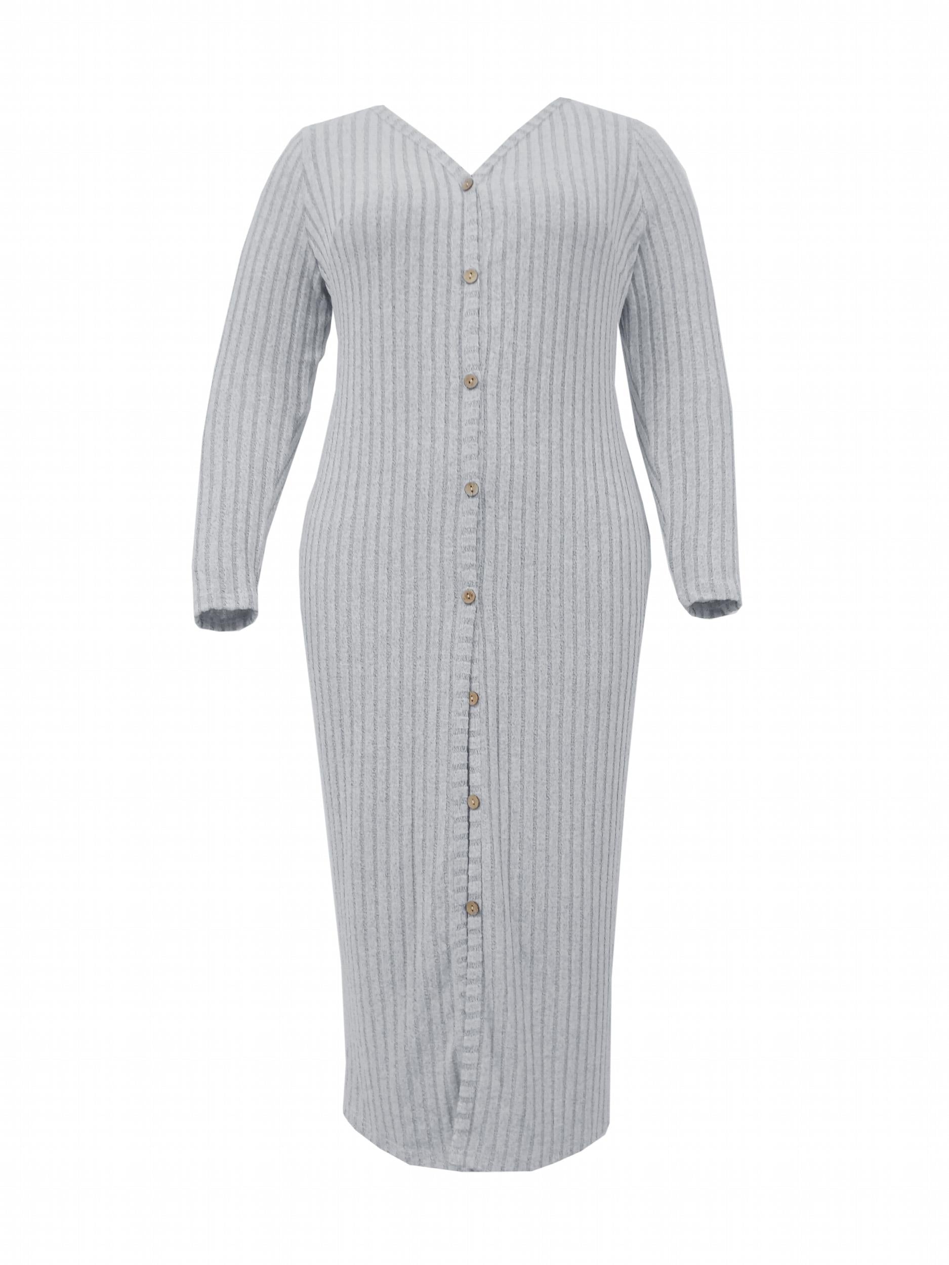 Women's Ribbed Button Up Long Sleeve V Neck Maxi Dress