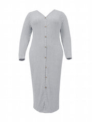 Women's Ribbed Button Up Long Sleeve V Neck Maxi Dress