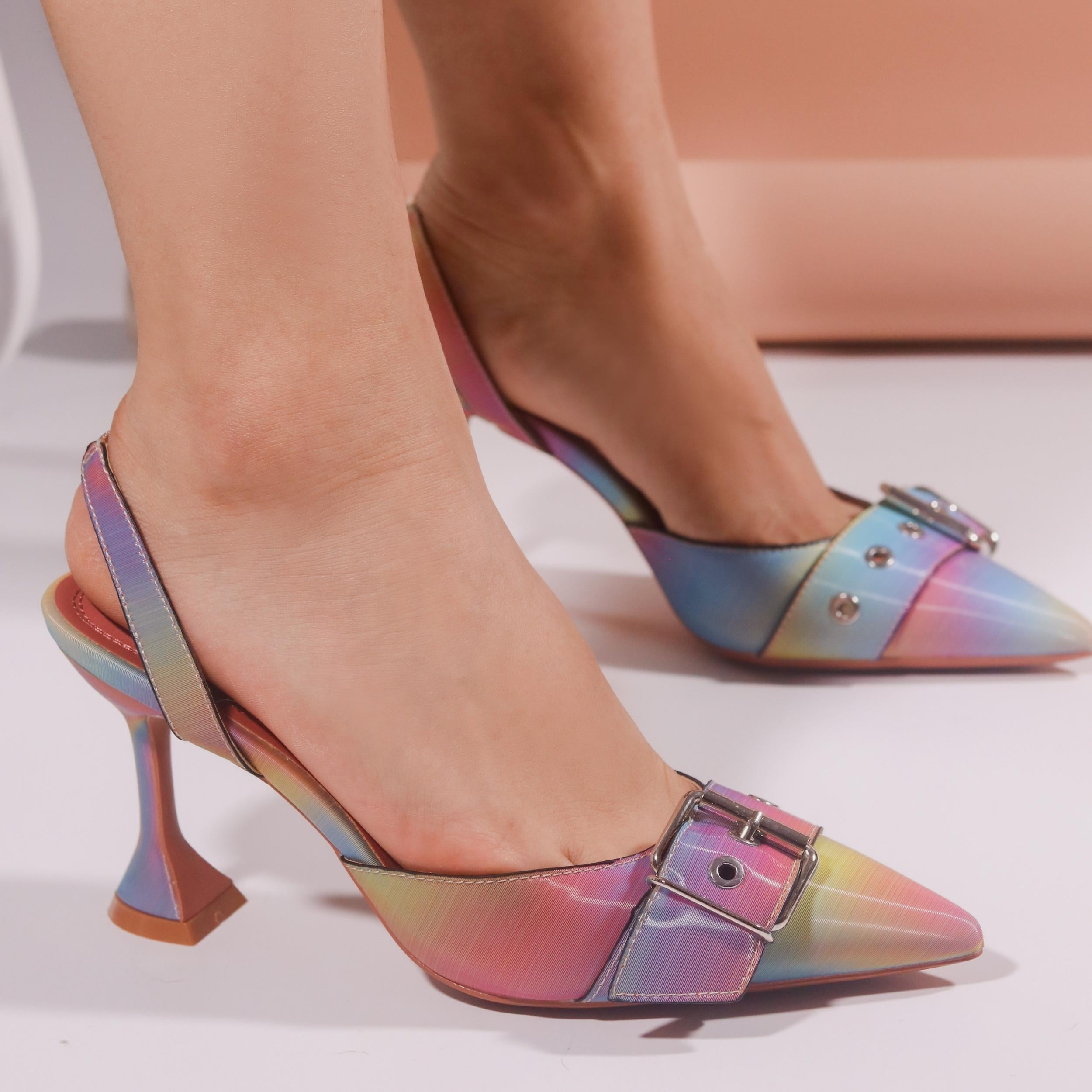 Women's Pointed Toe Slip On Heel Sandals Buckle Strap Pumps