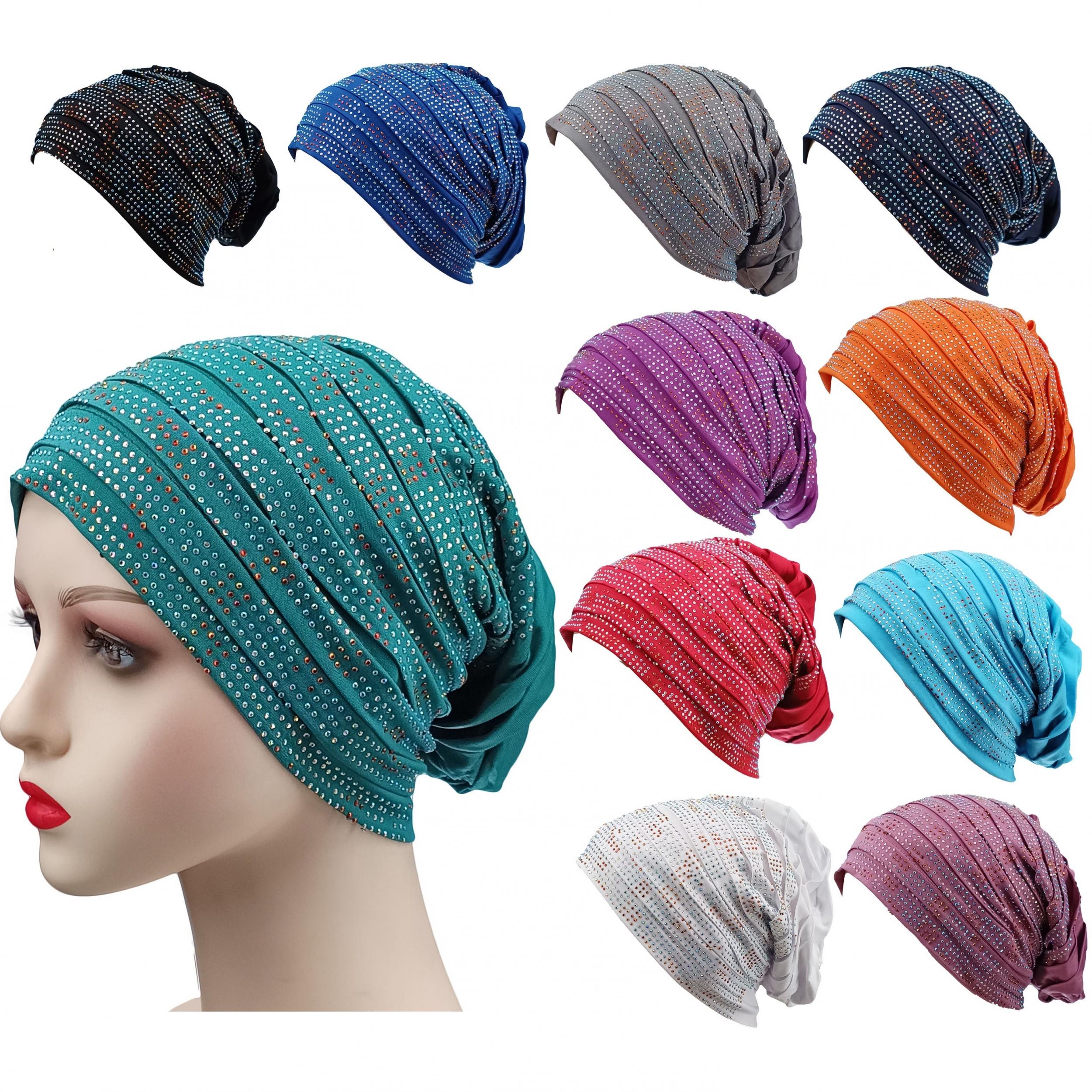 Pleated Turban Cap Rhinestone Beanie Elastic Head Wrap Bonnet