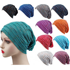 Pleated Turban Cap Rhinestone Beanie Elastic Head Wrap Bonnet