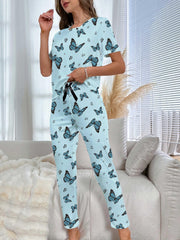 Butterfly Print Pajama Set Short Sleeve Top & Elastic Waistband Pants