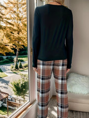 Heart Print Pajama Set Long Sleeve Crew Neck Top & Plaid Pants