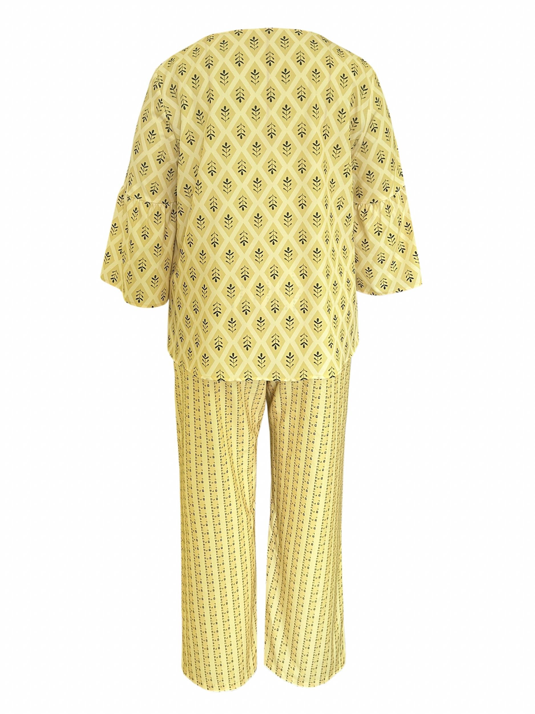 Leaf Print Bell Sleeve Top & Pants Set
