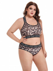 Leopard Print Letter Tape Lingerie Set Plus Size