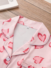 Heart Print Pajama Set Long Sleeve Buttons Top & Elastic Waistband Pants