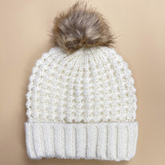 Gray Pom Pom Decor Beanie Ribbed Knitted Knit Hat Thick Warm Ski Hats For Women