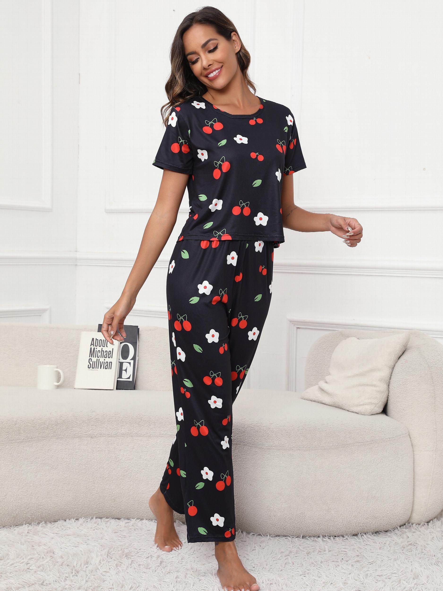Floral & Cherry Print Pajama Set Short Sleeve Top & Pants Women's Sleepwear