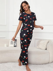 Floral & Cherry Print Pajama Set Short Sleeve Top & Pants Women's Sleepwear