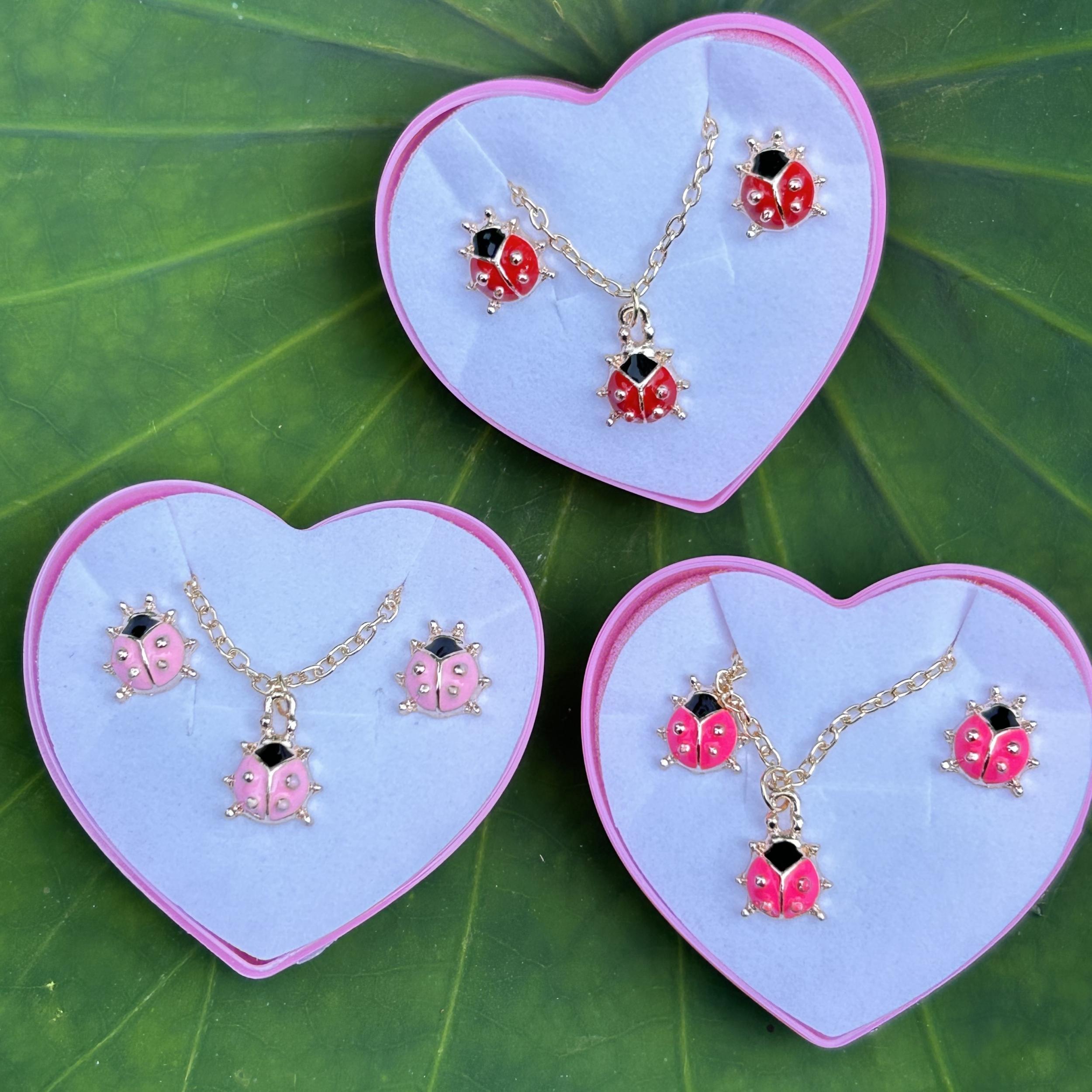 Colorful Insect Ladybug Pendant Necklace & Earrings Set For Girls