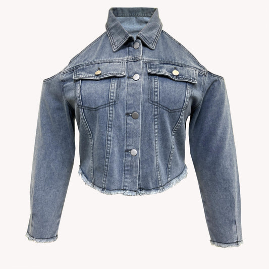 Sexy Denim Jacket - Cold Shoulder Button Up Crop Denim Jacket