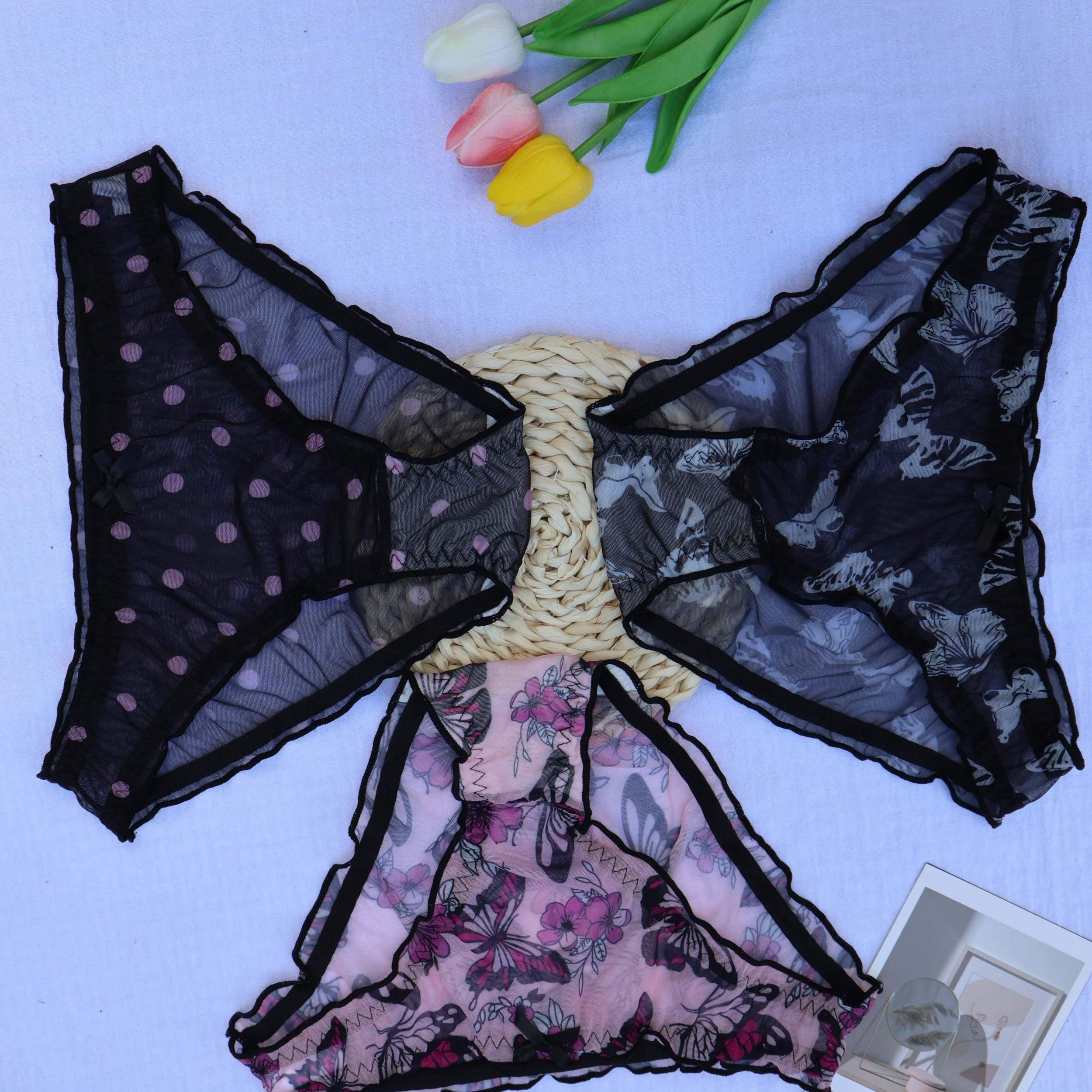 3pcs Butterfly & Polka Dot Briefs Sheer Mesh Panties Women's Lingerie