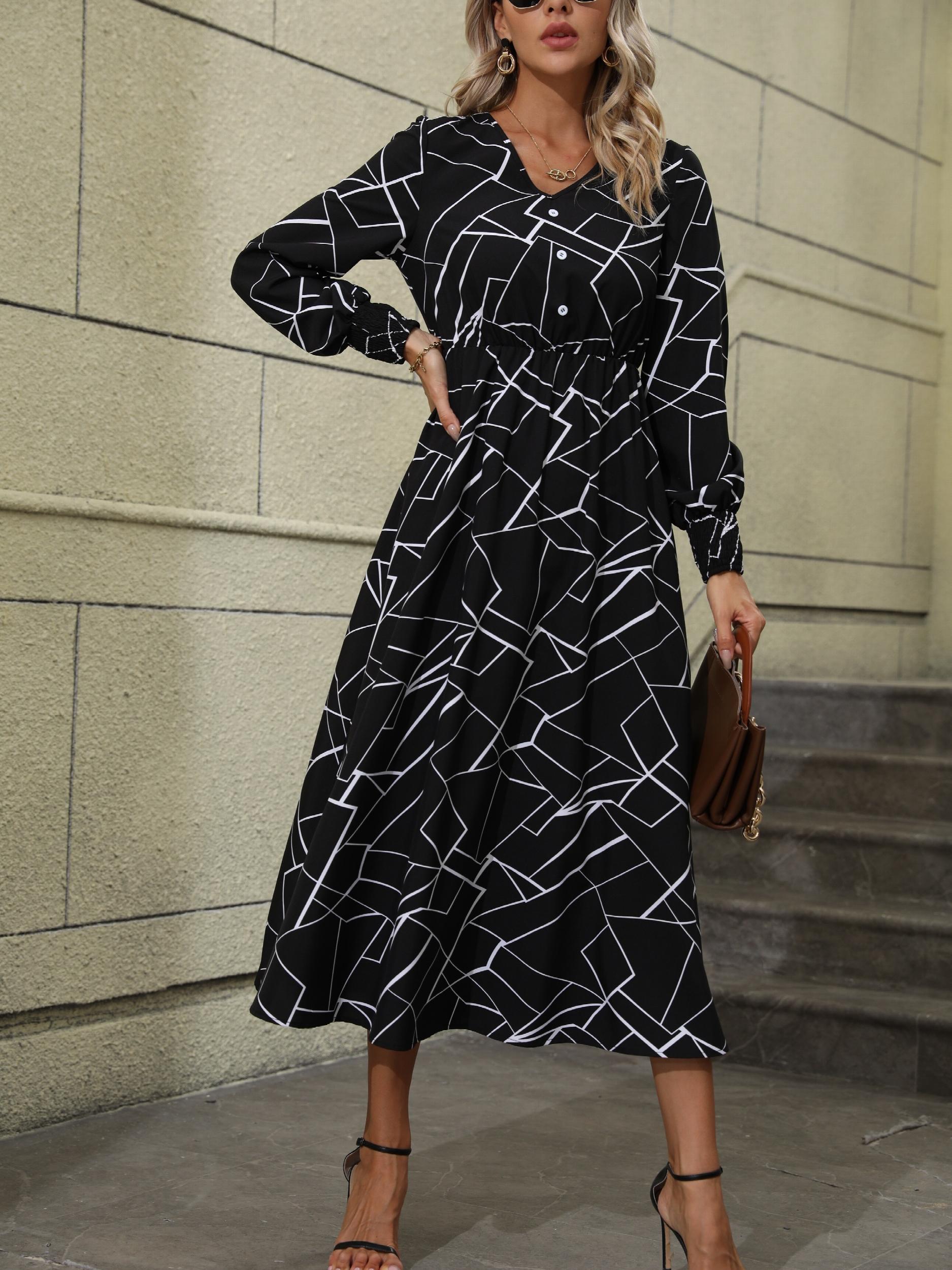 Geo Print Midi Dress V Neck Long Sleeve Dress Women's Clothing