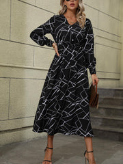 Geo Print Midi Dress V Neck Long Sleeve Dress Women's Clothing