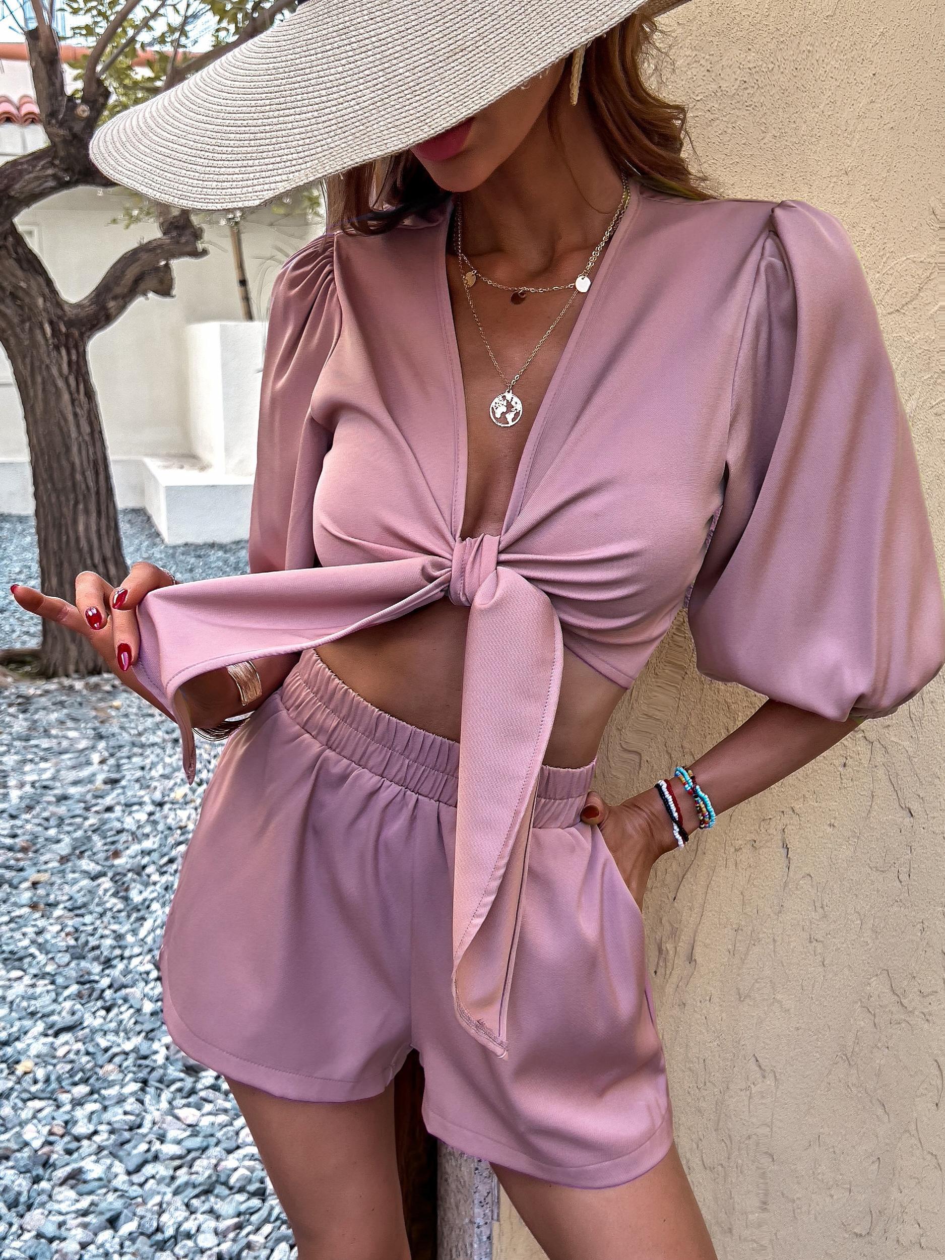 Tie Front Crop Top & Elastic Waist Shorts Set Women's Clothing