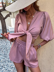 Tie Front Crop Top & Elastic Waist Shorts Set Women's Clothing