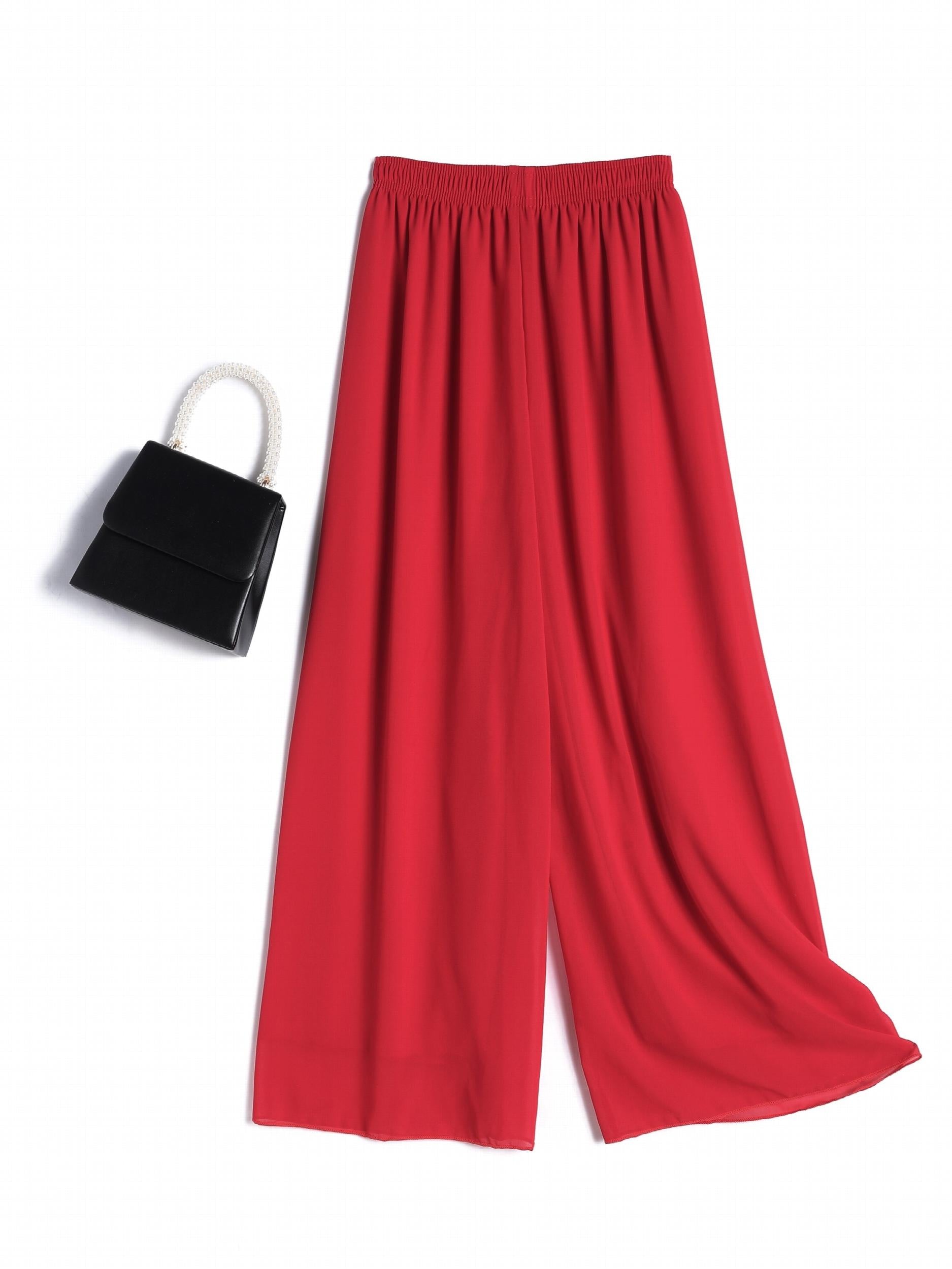 Ruched Wide Leg Pants Elastic Waist Summer Casual Solid