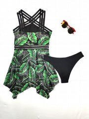 Leaf Print Mesh 2-Piece Swimsuit High Cut Beachwear Women's Swimwear