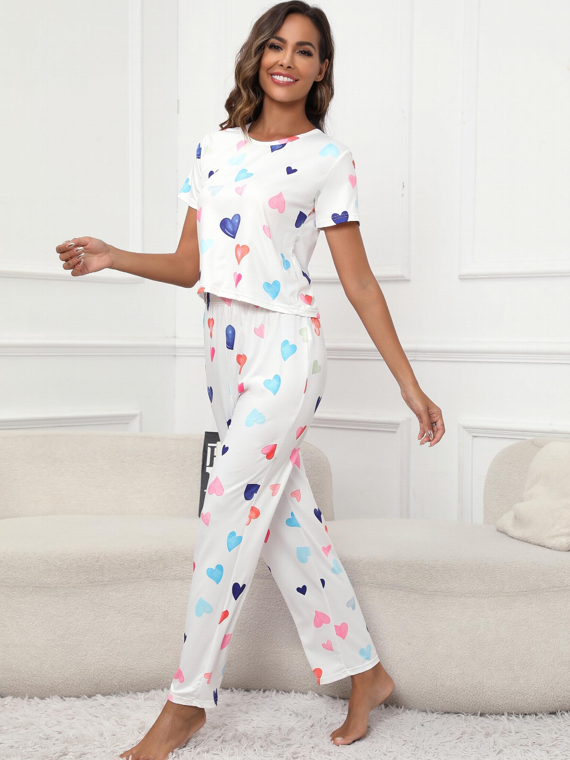 Heart Print Pajamas Set Short Sleeve Tee & Lounge Pants Women's Sleepwear