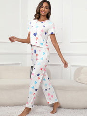 Heart Print Pajamas Set Short Sleeve Tee & Lounge Pants Women's Sleepwear