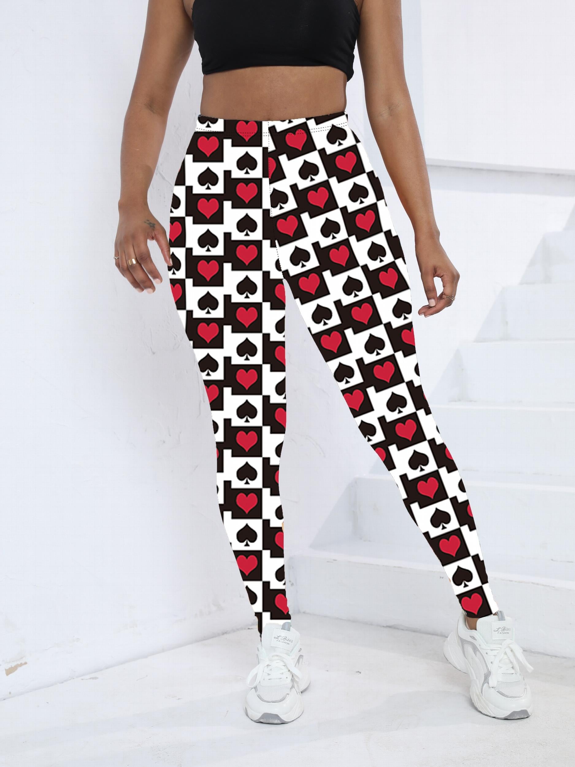 Heart & Spade Print Skinny Leggings Stretchy Women's Clothing
