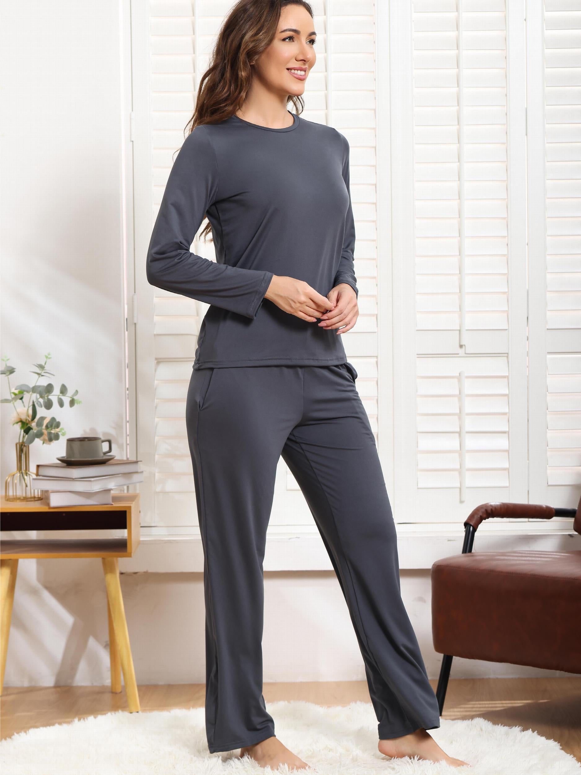 Women's Solid Pajama Set Long Sleeve Crew Neck Top & Pants
