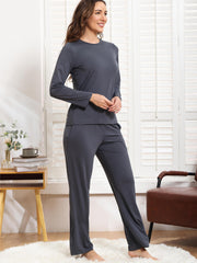 Women's Solid Pajama Set Long Sleeve Crew Neck Top & Pants