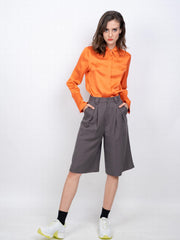 Ruched Knee Length Suit Shorts Wide Leg Pleat Front Tailored Shorts