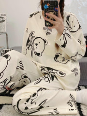 Bear Print Pajama Set Long Sleeve Top & Pants Women's Sleepwear