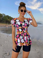 V Neck Tankini Set Peplum Boxer Short Bottom Swimsuit