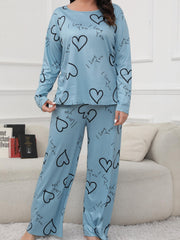 Heart & Letter Print Pajama Set Long Sleeve Tee & Pants Lounge 2 Pc