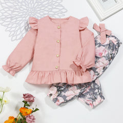 Toddler Baby Girl Clothes Set Long Puff Sleeve Ruffle Top Shirt with Bowknot Flo
