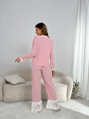 Lace Stitching Lounge Set V Neck Top & Pants Women's Loungewear