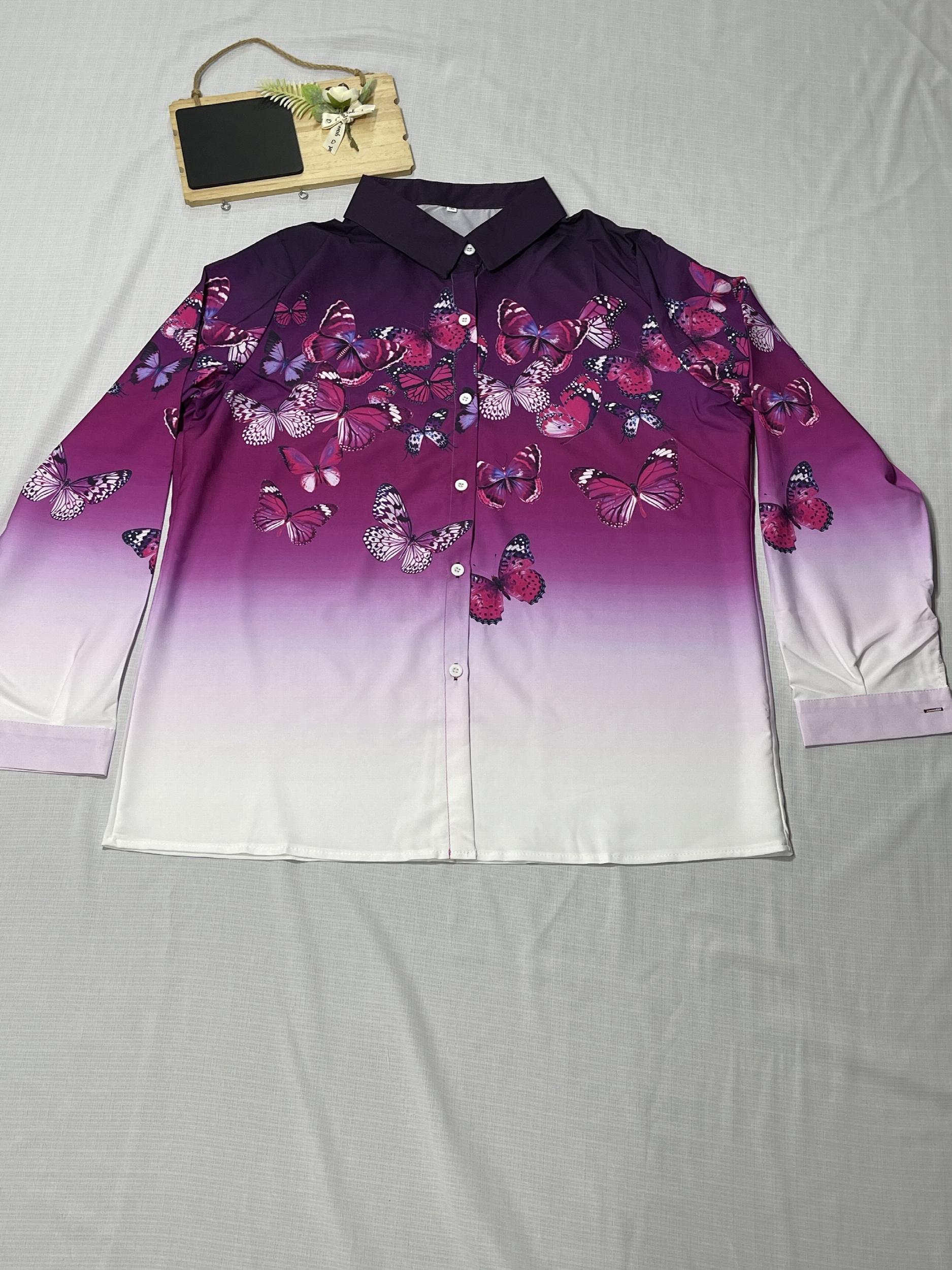Butterfly & Ombre Print Long Sleeve Button Up Blouse