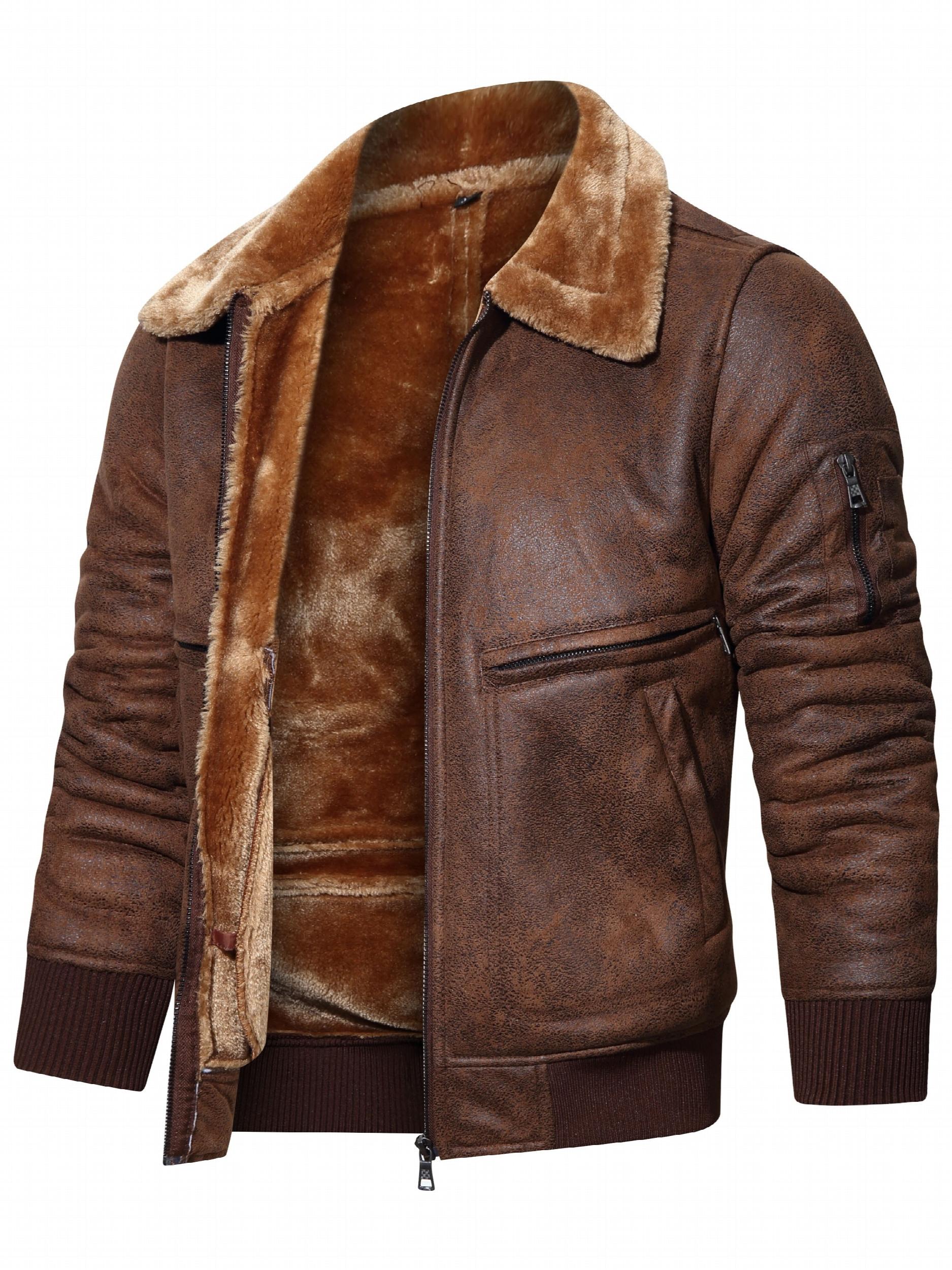 Men's Fleece PU Jacket Zip Up Lapel Leather Jacket Fall Winter