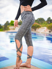Women's Tie Up Cutout Yoga Capris Pants with 4 Way Stretch