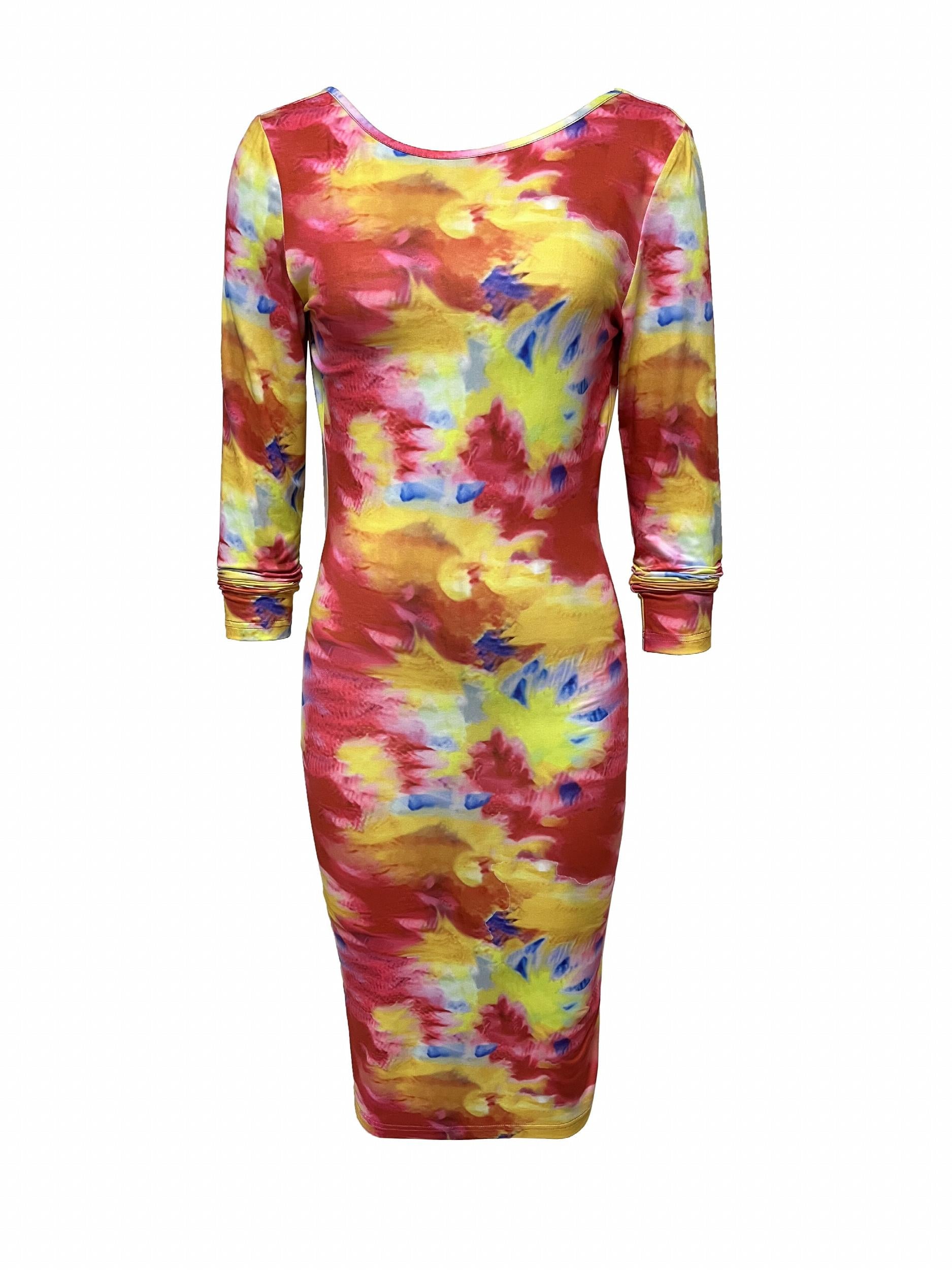 Tie Dye Print Bodycon Midi Dress Sexy Long Sleeve