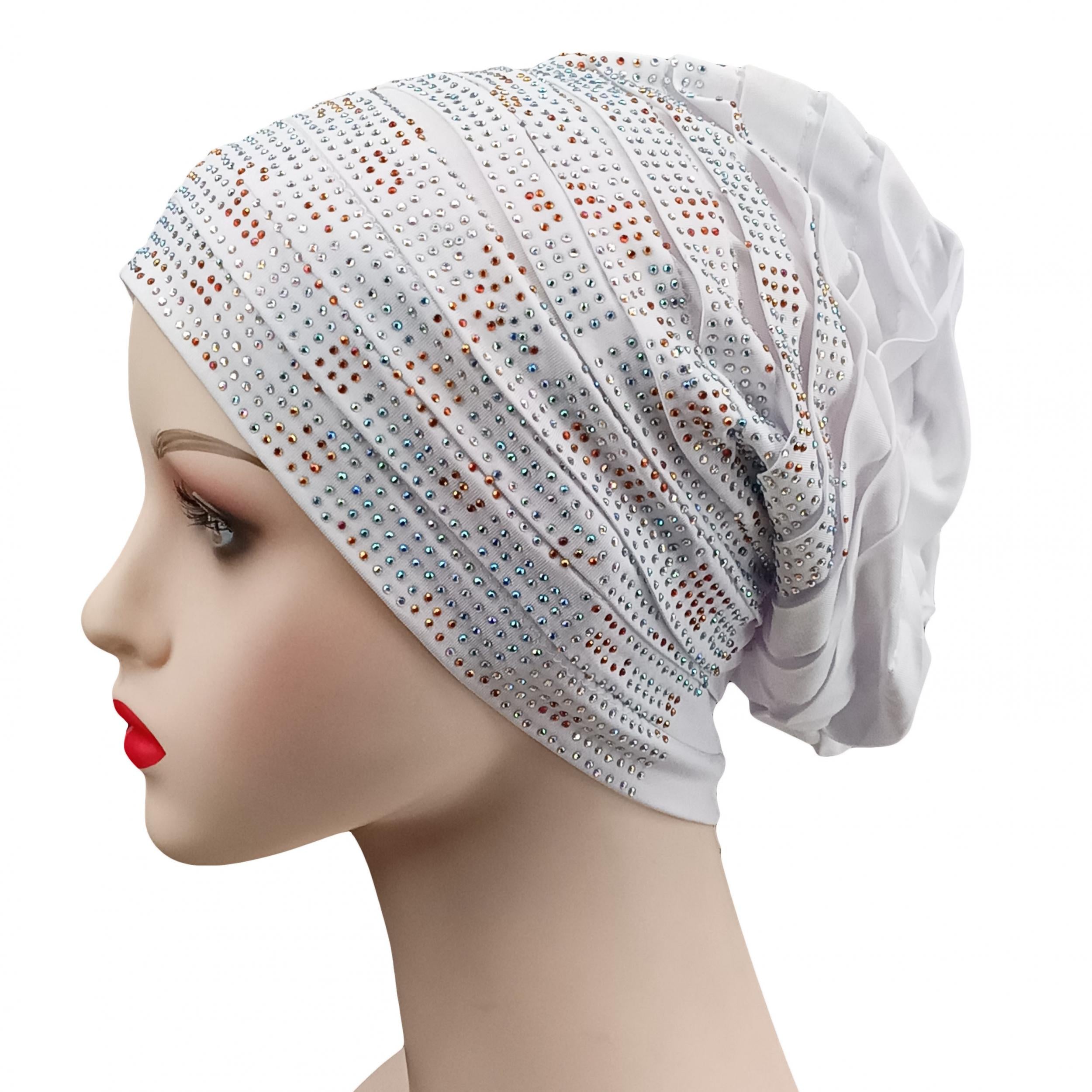 Pleated Turban Cap Rhinestone Beanie Elastic Head Wrap Bonnet