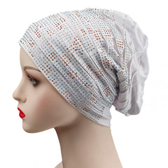 Pleated Turban Cap Rhinestone Beanie Elastic Head Wrap Bonnet