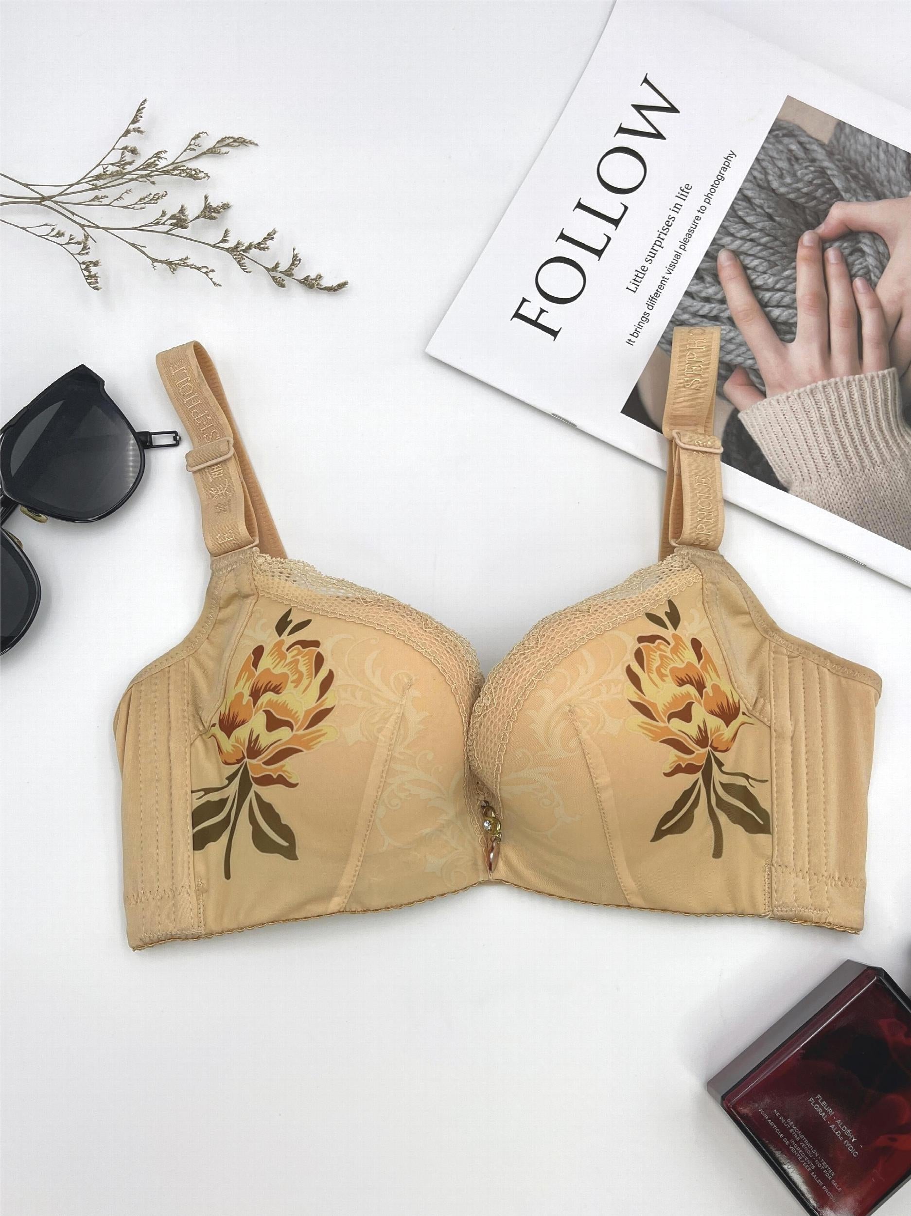 Floral Print Push Up Bra with Lace Trim