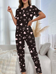 Heart Print Pajamas Set Short Sleeve Tee & Lounge Pants PJ Set Women's Sleepwear