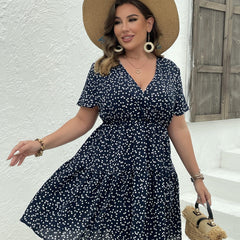 Pin Dots Print V Neck Midi Smock Dress