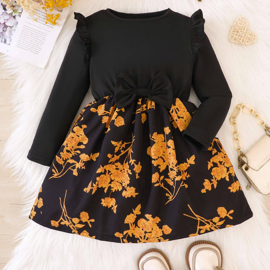 Leaf Print Ruffle Details Long Sleeve Dress