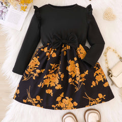 Leaf Print Ruffle Details Long Sleeve Dress