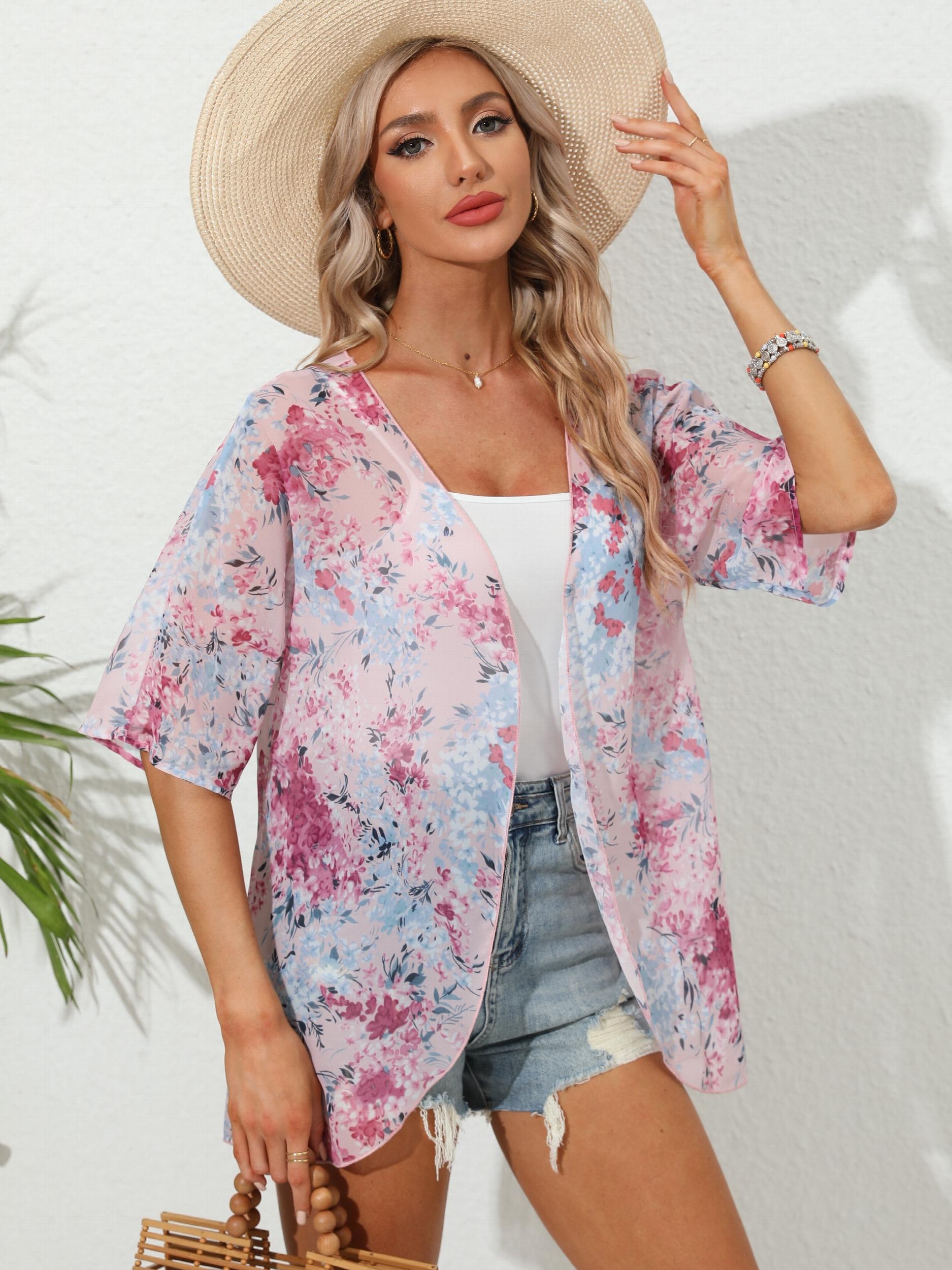 Floral Print Pink Open Front Cover Up Cardigan
