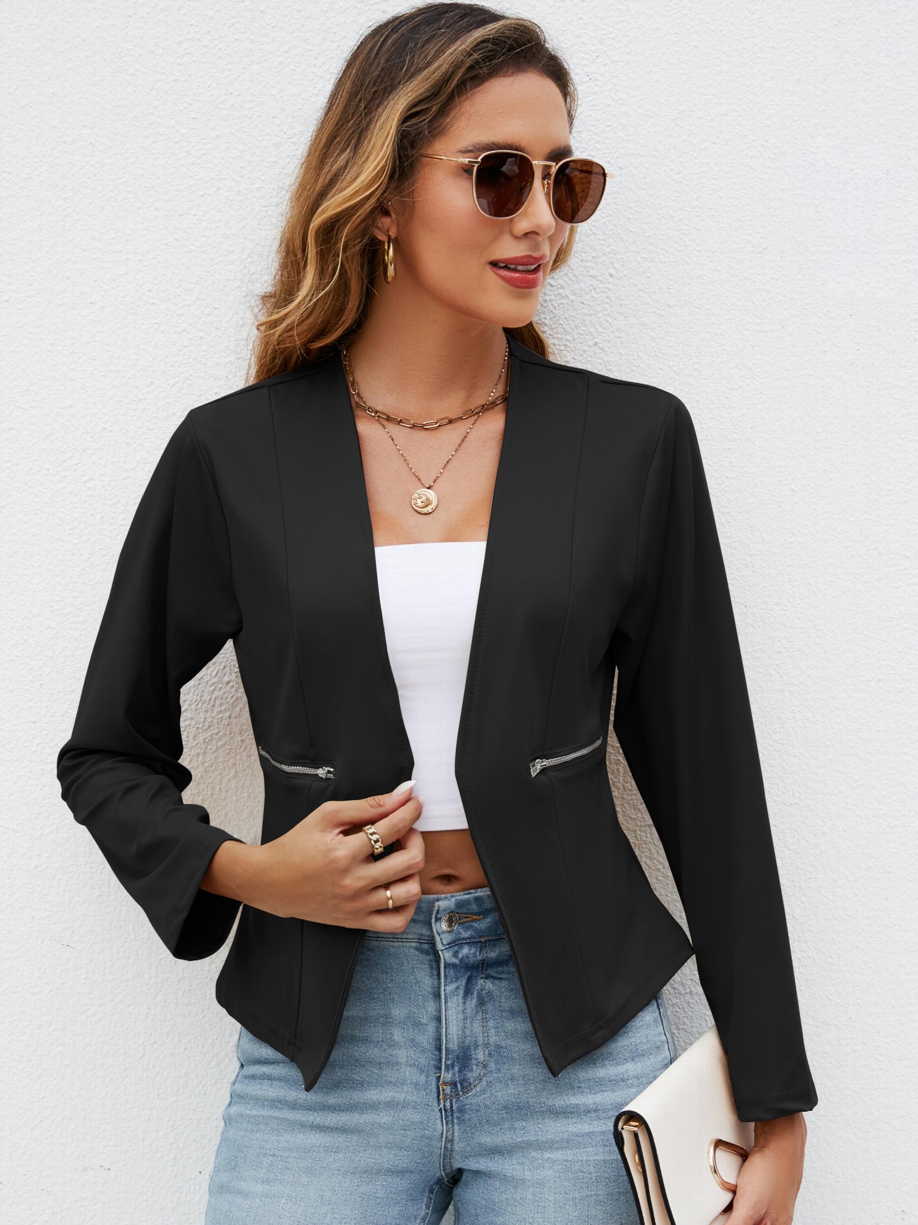 Solid Crop Blazer Open Front Pocket Blazer & Stylish Tops For Work
